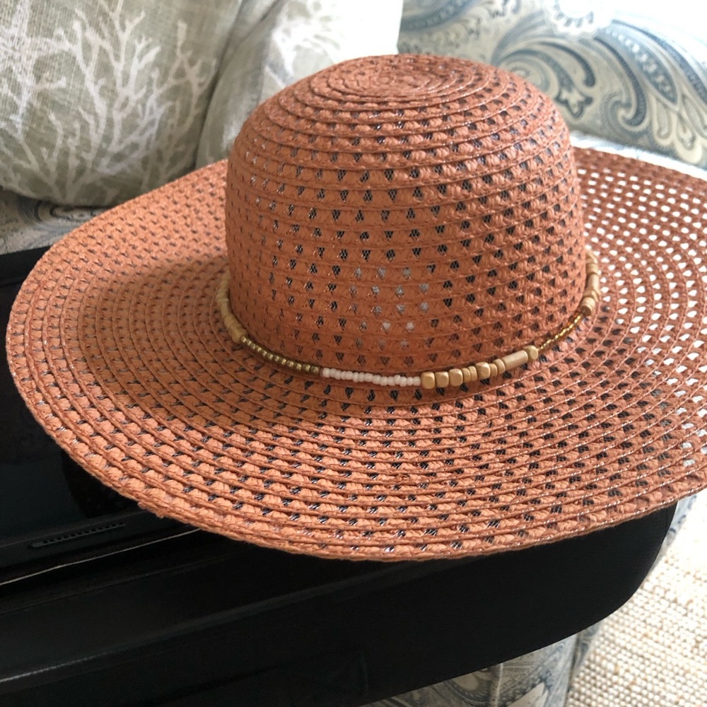 Woven Straw Sun Hat with Beaded Accent - Orange